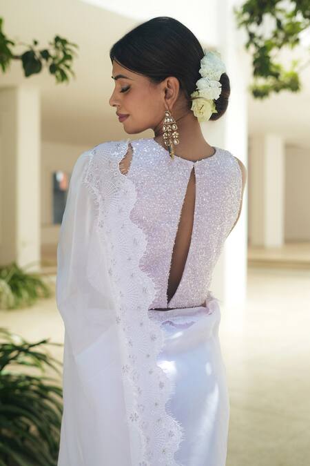 Buy_Pooja Bagaria_Lavender Organza Sequins, Embroidery, Beads Round Neck Chantilly Saree Set _Online_at_Aza_Fashions