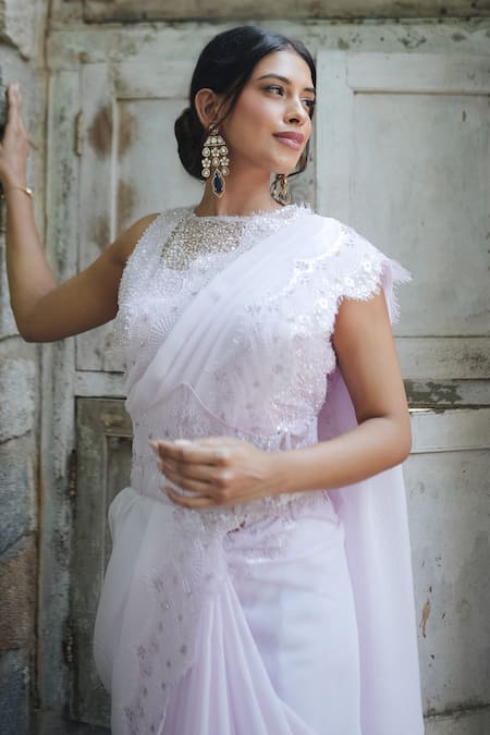 Shop_Pooja Bagaria_Lavender Organza Sequins, Embroidery, Beads Round Neck Chantilly Saree Set _Online_at_Aza_Fashions