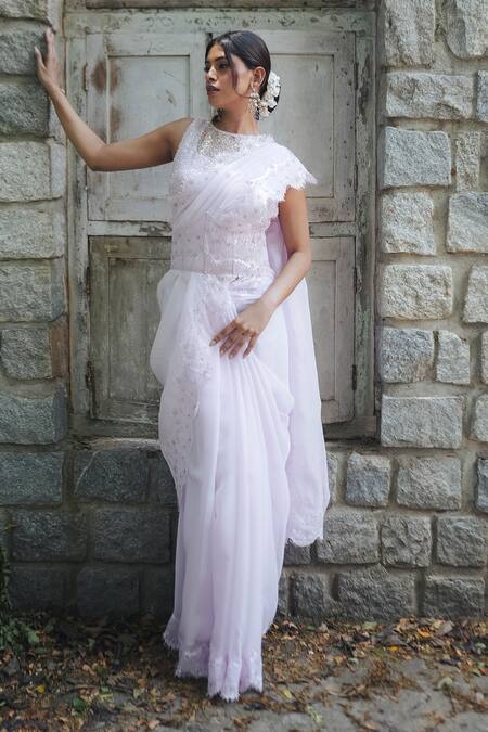 Pooja Bagaria_Lavender Organza Sequins, Embroidery, Beads Round Neck Chantilly Saree Set _at_Aza_Fashions