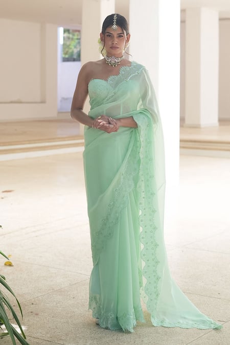 POOJA BAGARIA Pastel Green Chantilly Saree Set 