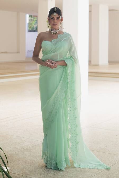 Shop_Pooja Bagaria_Green Organza Embroidery Sweetheart Neck Pastel Chantilly Saree Set _Online_at_Aza_Fashions