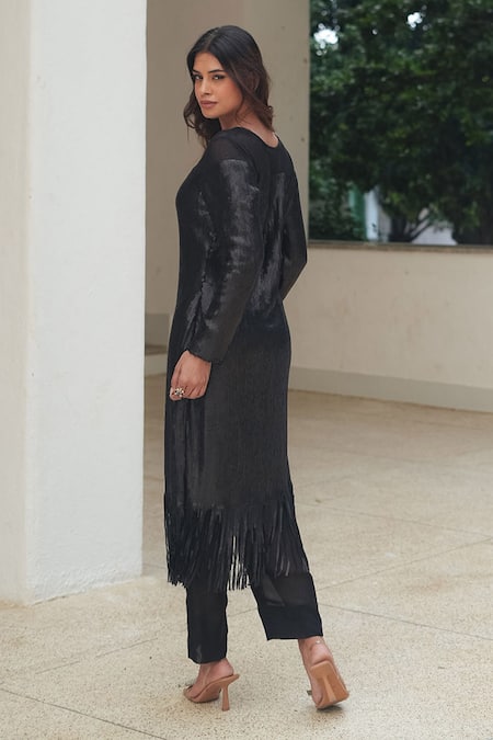 Pooja Bagaria Matt Black Fringe Shift Dress 