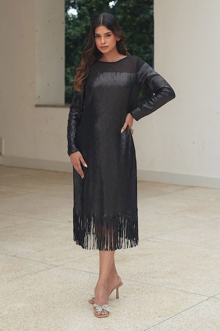 Pooja Bagaria Black Sequins Round Neck Matt Fringe Shift Dress