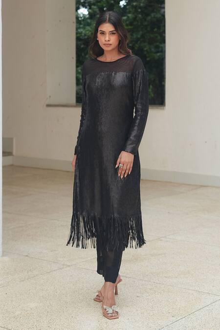 Pooja Bagaria_Black Sequins Round Neck Matt Fringe Shift Dress _Online_at_Aza_Fashions