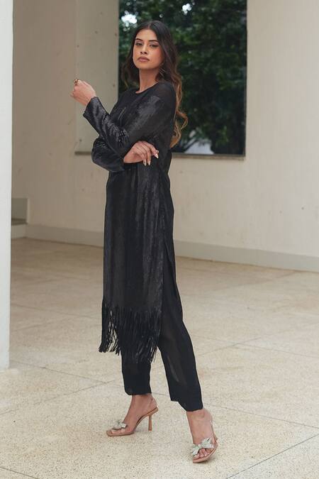Buy_Pooja Bagaria_Black Sequins Round Neck Matt Fringe Shift Dress _Online_at_Aza_Fashions
