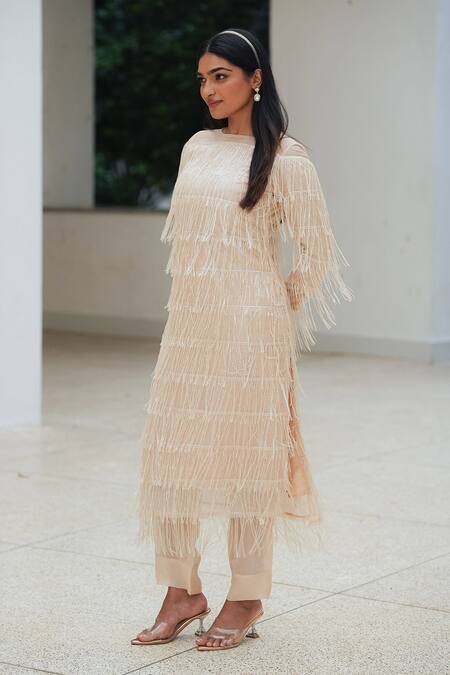 Pooja Bagaria_Cream Sequins Boat Neck Tassel Shift Dress _Online_at_Aza_Fashions