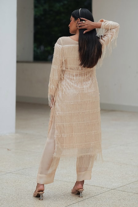 Pooja Bagaria Cream Tassel Shift Dress 