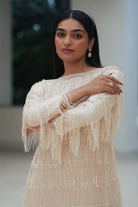 Shop_Pooja Bagaria_Cream Sequins Boat Neck Tassel Shift Dress _Online_at_Aza_Fashions