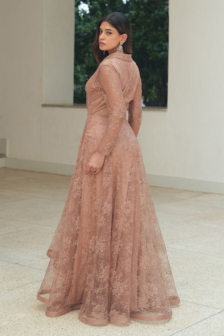 Pooja Bagaria Sequin Chantilly Lapel Cocktail Gown 