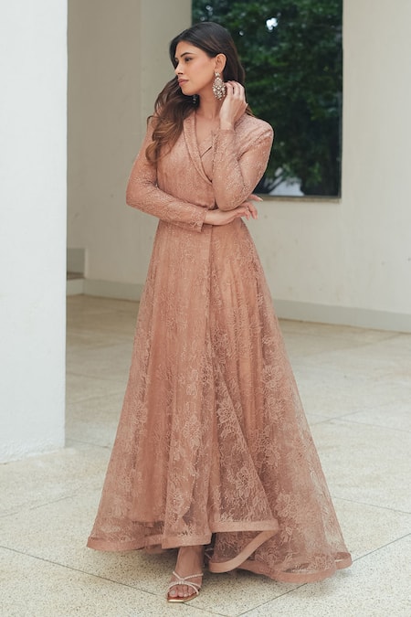 Pooja Bagaria_Beige Lace Sequins Open Neck Chantilly Lapel Cocktail Gown _Online_at_Aza_Fashions