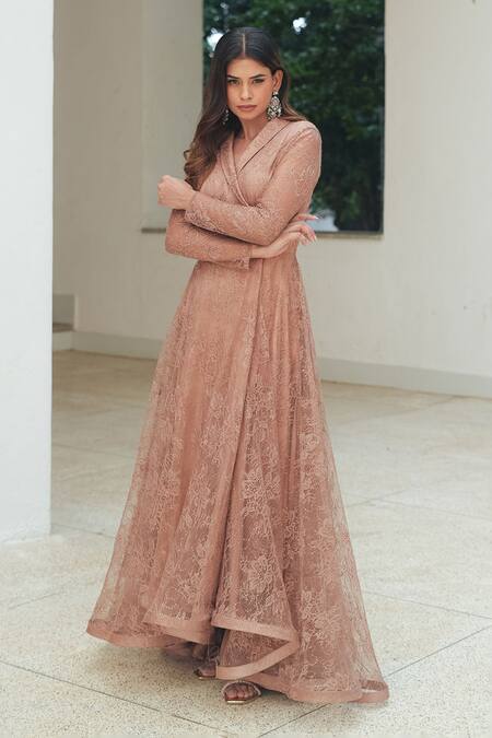 Shop_Pooja Bagaria_Beige Lace Sequins Open Neck Chantilly Lapel Cocktail Gown _Online_at_Aza_Fashions