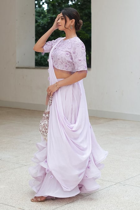 Buy_Pooja Bagaria_Lavender Organza, Satin Embroidery Round Neck Whimsical Lehenga Set _Online_at_Aza_Fashions