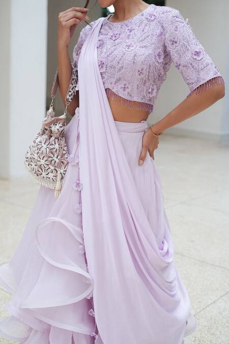 Shop_Pooja Bagaria_Lavender Organza, Satin Embroidery Round Neck Whimsical Lehenga Set _Online_at_Aza_Fashions