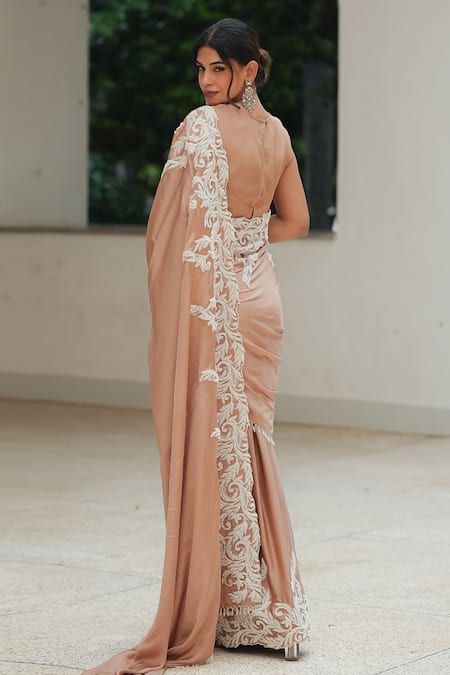 Pooja Bagaria Beige Satin Beaded Border Split Saree 