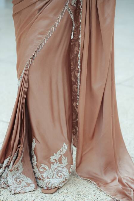 Shop_Pooja Bagaria_Beige Satin Beads, Embroidery Round Neck Beaded Border Split Saree _Online_at_Aza_Fashions