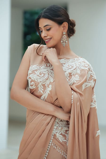 Pooja Bagaria_Beige Satin Beads, Embroidery Round Neck Beaded Border Split Saree _at_Aza_Fashions