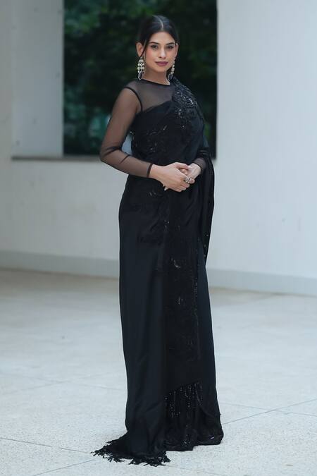 Pooja Bagaria Black Satin Beads Round Neck Border Split Saree Online at Aza Fashions Pooja Bagaria_Black Satin Beads Round Neck Border Split Saree _Online_at_Aza_Fashions