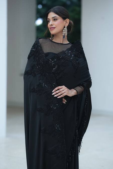 Buy Pooja Bagaria Black Satin Beads Round Neck Border Split Saree Online at Aza Fashions Buy_Pooja Bagaria_Black Satin Beads Round Neck Border Split Saree _Online_at_Aza_Fashions