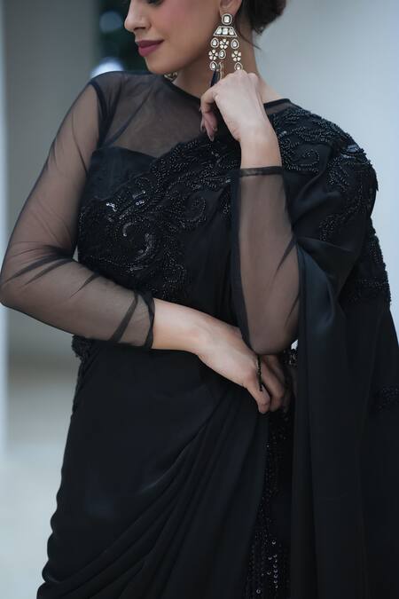 Shop Pooja Bagaria Black Satin Beads Round Neck Border Split Saree Online at Aza Fashions Shop_Pooja Bagaria_Black Satin Beads Round Neck Border Split Saree _Online_at_Aza_Fashions