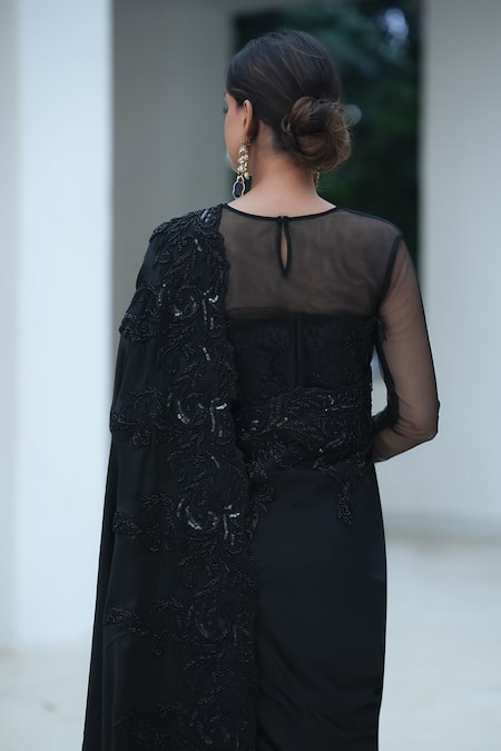 Pooja Bagaria Black Satin Beaded Border Split Saree 