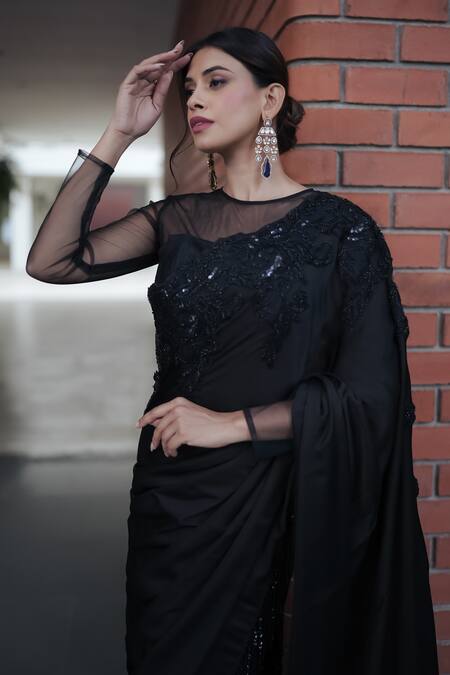 Pooja Bagaria Black Satin Beads Round Neck Border Split Saree at Aza Fashions Pooja Bagaria_Black Satin Beads Round Neck Border Split Saree _at_Aza_Fashions
