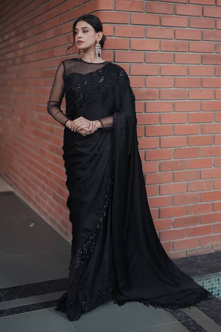 Buy Pooja Bagaria Black Satin Beads Round Neck Border Split Saree Buy_Pooja Bagaria_Black Satin Beads Round Neck Border Split Saree