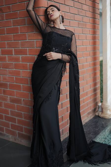 Shop Pooja Bagaria Black Satin Beads Round Neck Border Split Saree Shop_Pooja Bagaria_Black Satin Beads Round Neck Border Split Saree