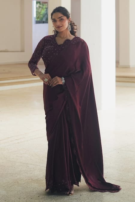 Pooja Bagaria Burgundy Satin Chantilly Saree 