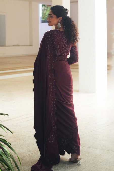 Pooja Bagaria Burgundy Satin Chantilly Saree 