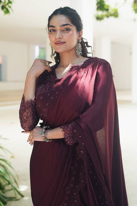 Buy_Pooja Bagaria_Burgundy Satin Embroidery Round Neck Chantilly Saree _Online_at_Aza_Fashions