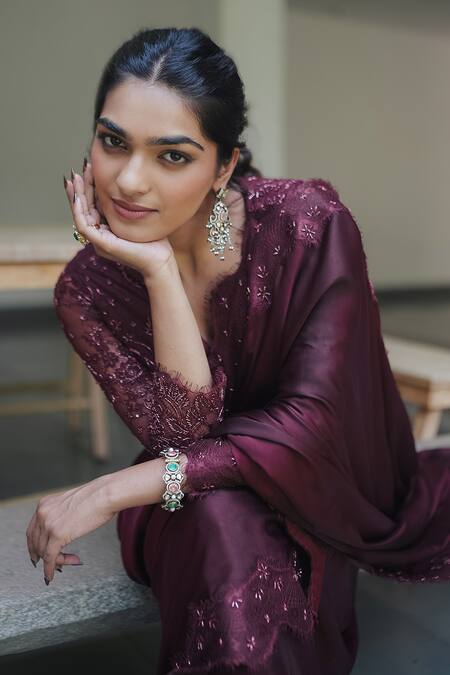 Shop_Pooja Bagaria_Burgundy Satin Embroidery Round Neck Chantilly Saree _Online_at_Aza_Fashions