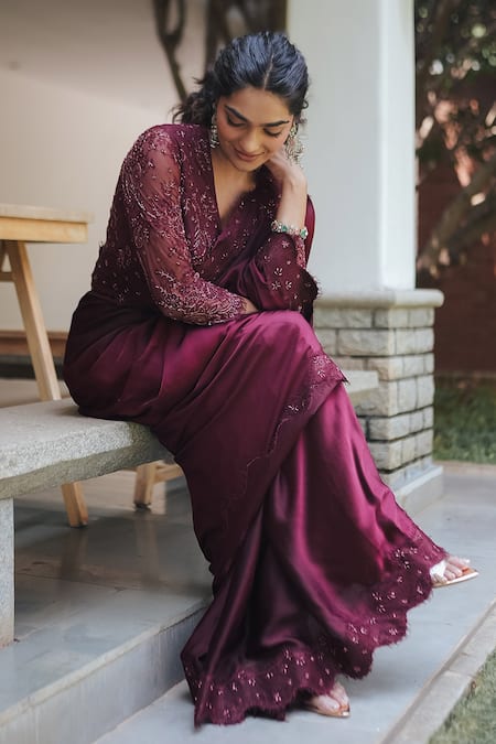 Pooja Bagaria_Burgundy Satin Embroidery Round Neck Chantilly Saree _at_Aza_Fashions