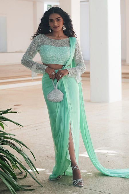 Pooja Bagaria Mint Satin Sequins Round Neck Green Draped Saree Set