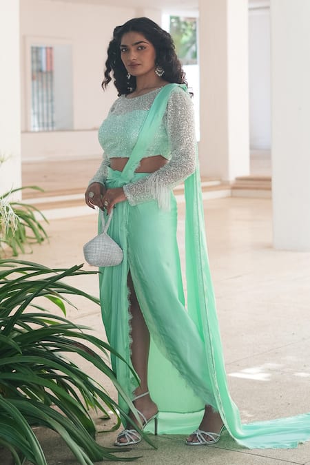 Shop_Pooja Bagaria_Mint Satin Sequins Round Neck Green Draped Saree Set _Online_at_Aza_Fashions