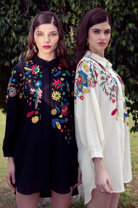 Nika 1.0_Ivory Cotton Embroidery Collared Thea Dress _Online_at_Aza_Fashions