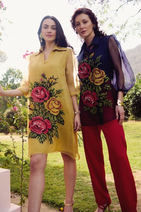 Nika 1.0_Yellow Silk Organza Embroidery Collared Mustard Cross Stitch Dress _Online_at_Aza_Fashions