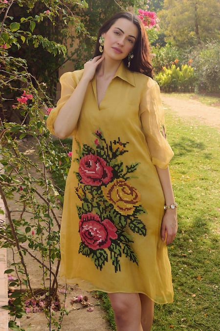 Nika 1.0 Yellow Silk Organza Embroidery Collared Mustard Cross Stitch Dress