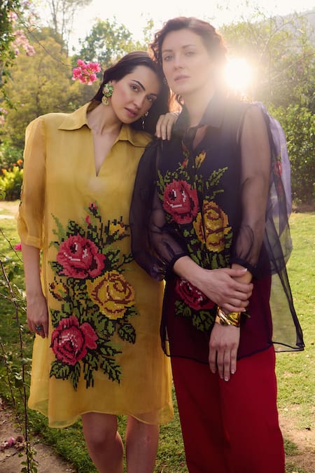 Buy_Nika 1.0_Yellow Silk Organza Embroidery Collared Mustard Cross Stitch Dress _Online_at_Aza_Fashions