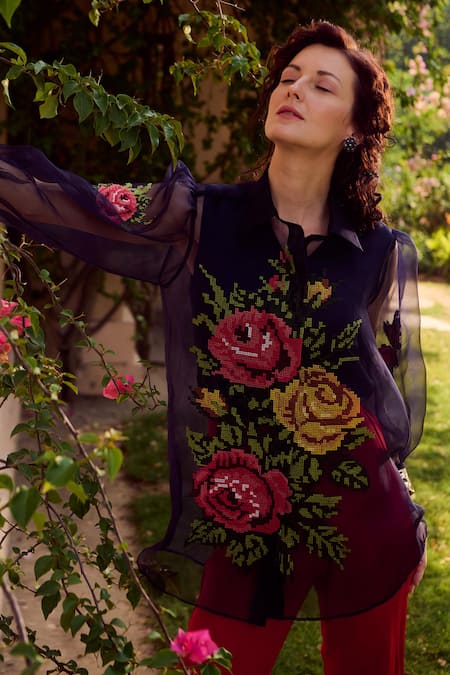 Nika 1.0_Blue Silk Organza Embroidery Collared Navy Cross Stitch Top _Online_at_Aza_Fashions