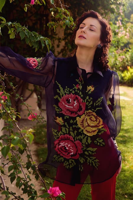 Buy_Nika 1.0_Blue Silk Organza Embroidery Collared Navy Cross Stitch Top _Online_at_Aza_Fashions