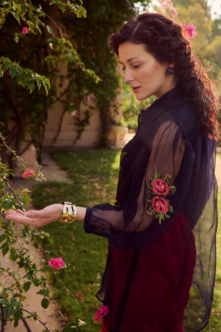 Shop_Nika 1.0_Blue Silk Organza Embroidery Collared Navy Cross Stitch Top _Online_at_Aza_Fashions