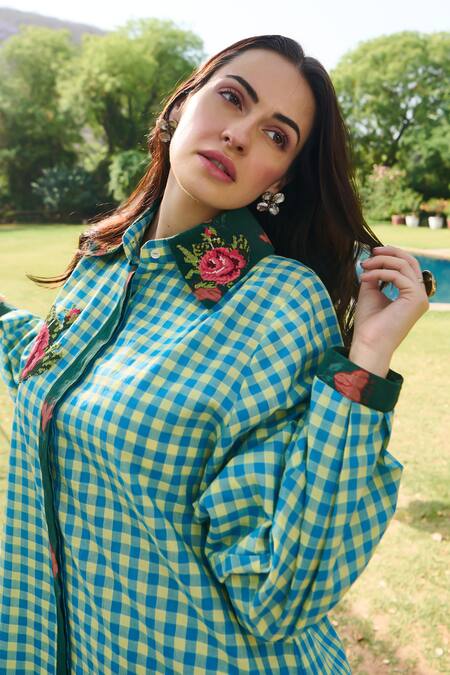 Nika 1.0_Blue Embroidery Collared Layla Green Cross Stitch Shirt Dress _Online_at_Aza_Fashions