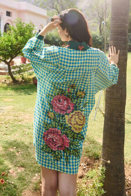 Shop_Nika 1.0_Blue Embroidery Collared Layla Green Cross Stitch Shirt Dress _Online_at_Aza_Fashions