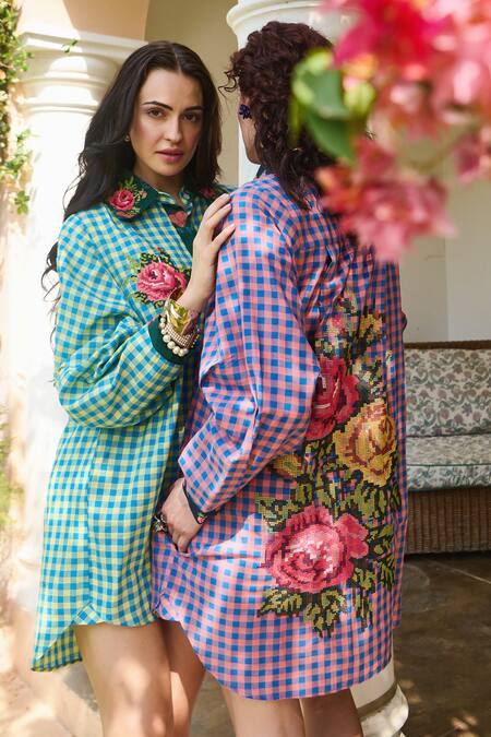 Nika 1.0_Blue Embroidery Collared Layla Green Cross Stitch Shirt Dress _at_Aza_Fashions