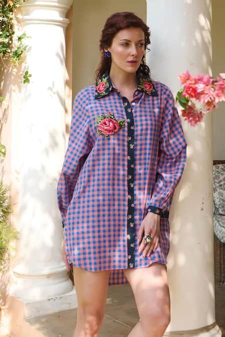 Nika 1.0 Peach Check Cross Stitch Shirt Dress 