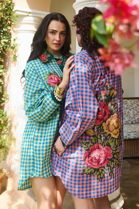 Shop_Nika 1.0_Peach Cotton Embroidery Collared Check Cross Stitch Shirt Dress _Online_at_Aza_Fashions