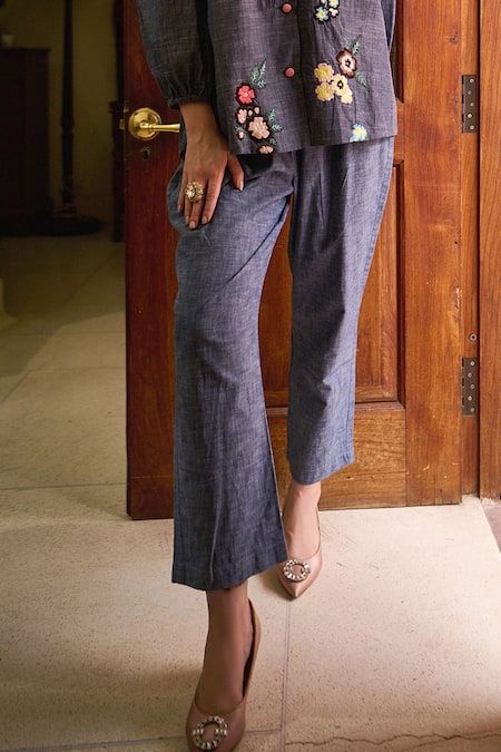 Nika 1.0_Blue Cotton Embroidery Collared Florence Multi Coordinate Set _Online_at_Aza_Fashions