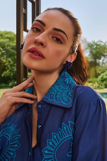 Nika 1.0_Blue Cotton Embroidery Collared Turq Shirt _Online_at_Aza_Fashions