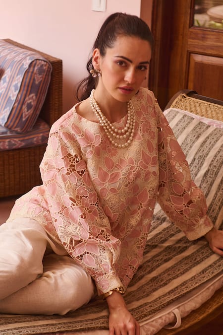Nika 1.0_Ivory Linen Lace Round Neck Rose Coordinated Set _Online_at_Aza_Fashions