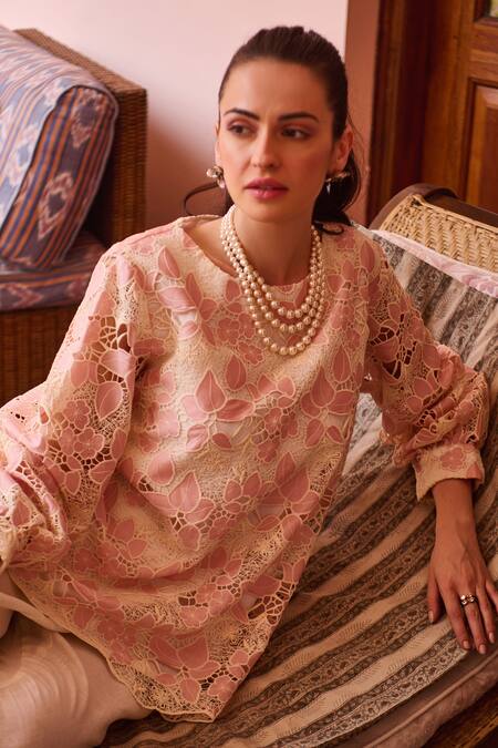 Buy_Nika 1.0_Ivory Linen Lace Round Neck Rose Coordinated Set _Online_at_Aza_Fashions